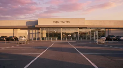 Exterior View Of A Supermarket At Sunset