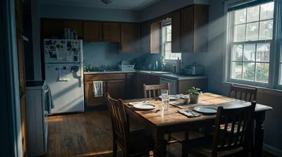 Sunlit Kitchen Interior With Wooden Dining Table