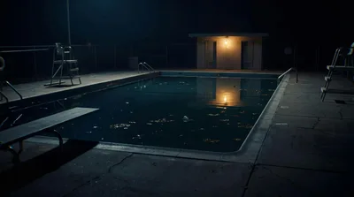 Empty Outdoor Swimming Pool At Night