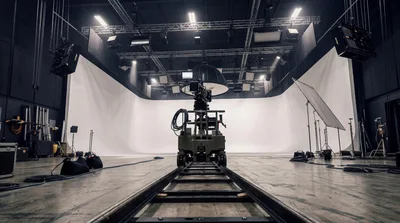 Professional Film Studio Set With Camera Dolly On Tracks