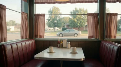 Empty Diner Booth With Coffee Cups And Condiments