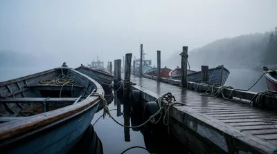 Fishing Boats Moored at a Wooden Pier in Fog