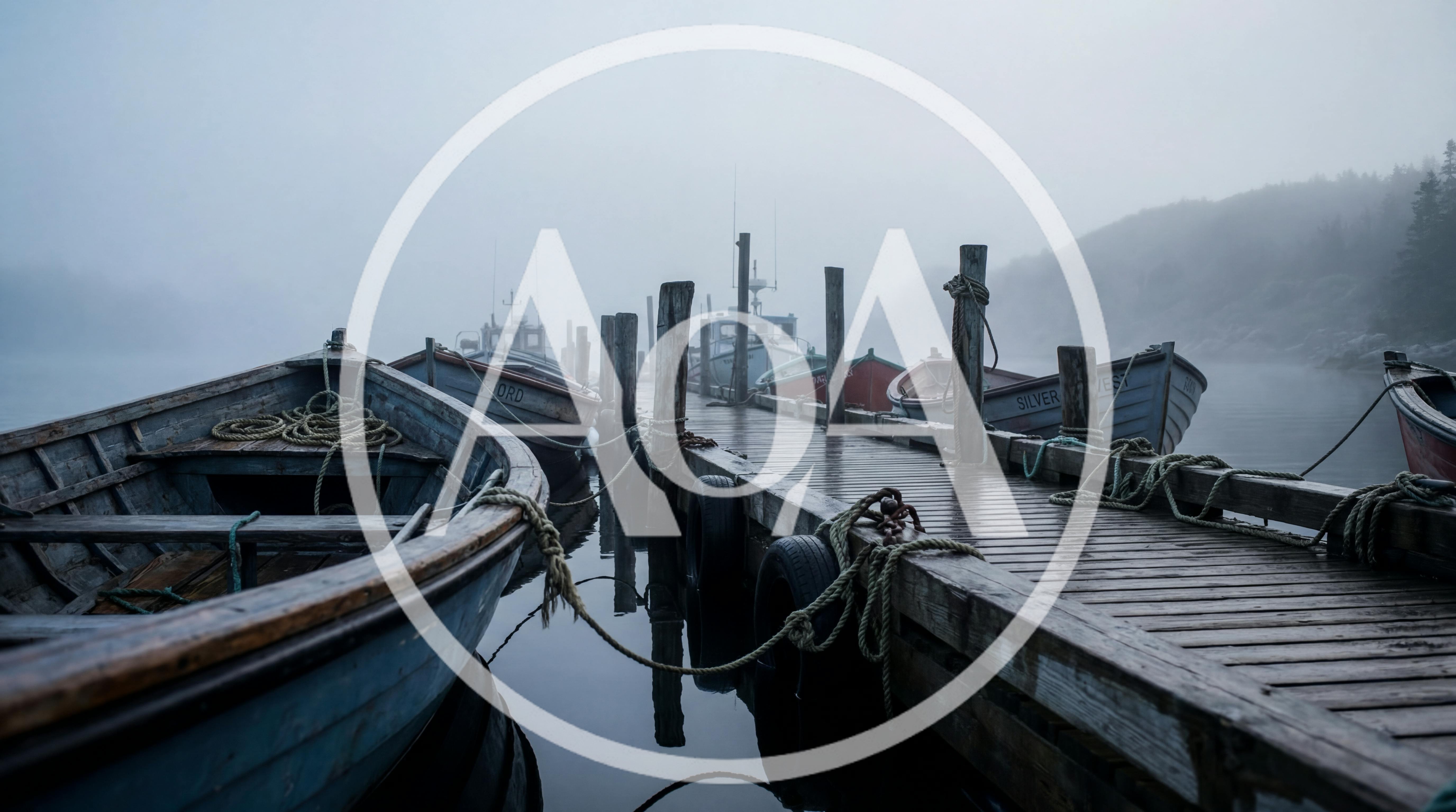 Fishing Boats Moored at a Wooden Pier in Fog