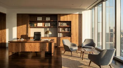Modern Executive Office With Wooden Furniture And City View