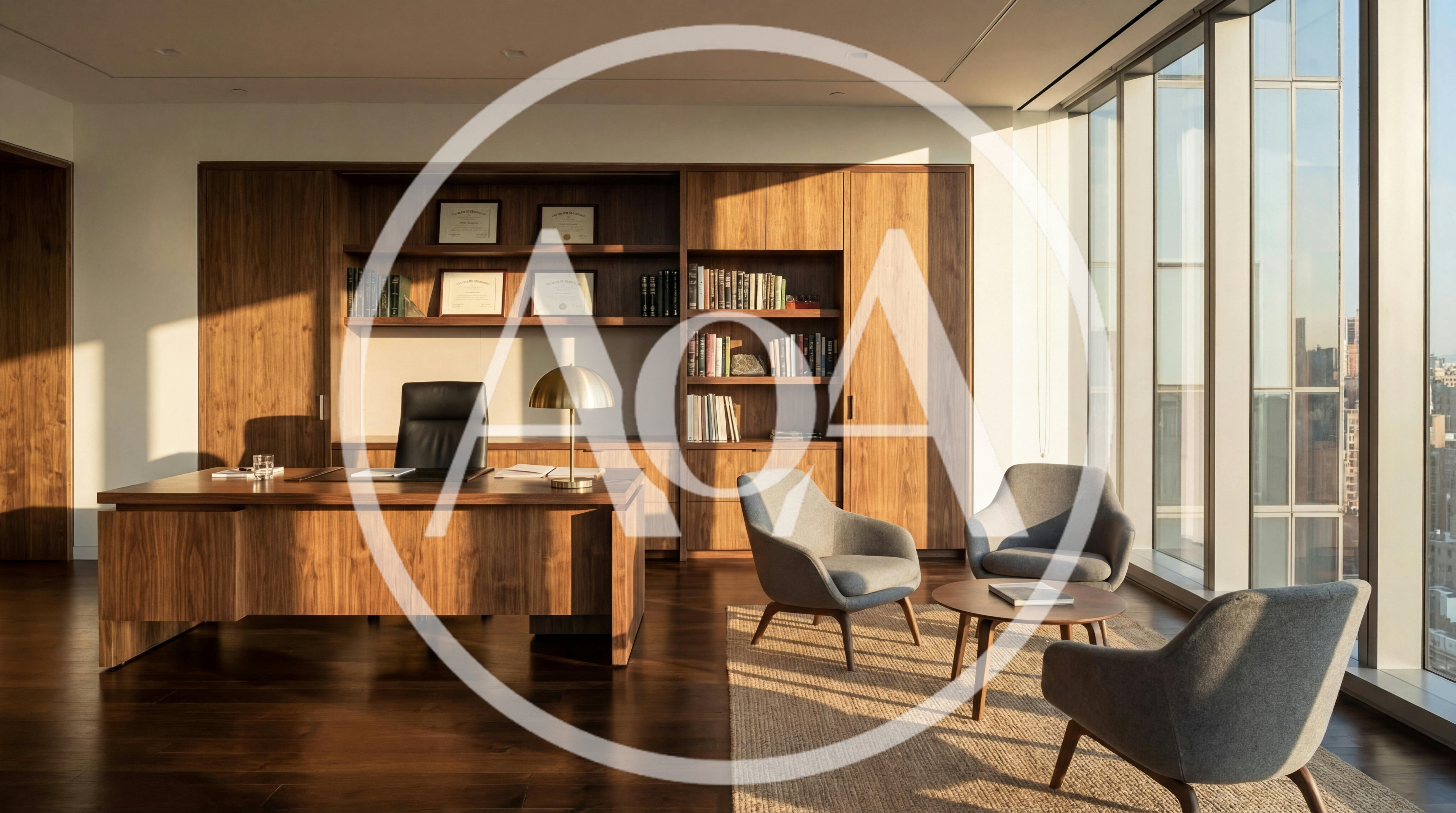 Modern Executive Office With Wooden Furniture And City View
