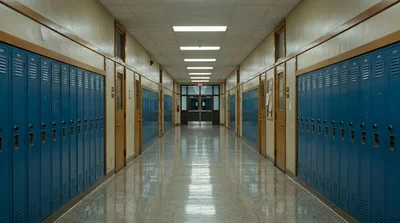 Empty School Hallway With Blue Lockers