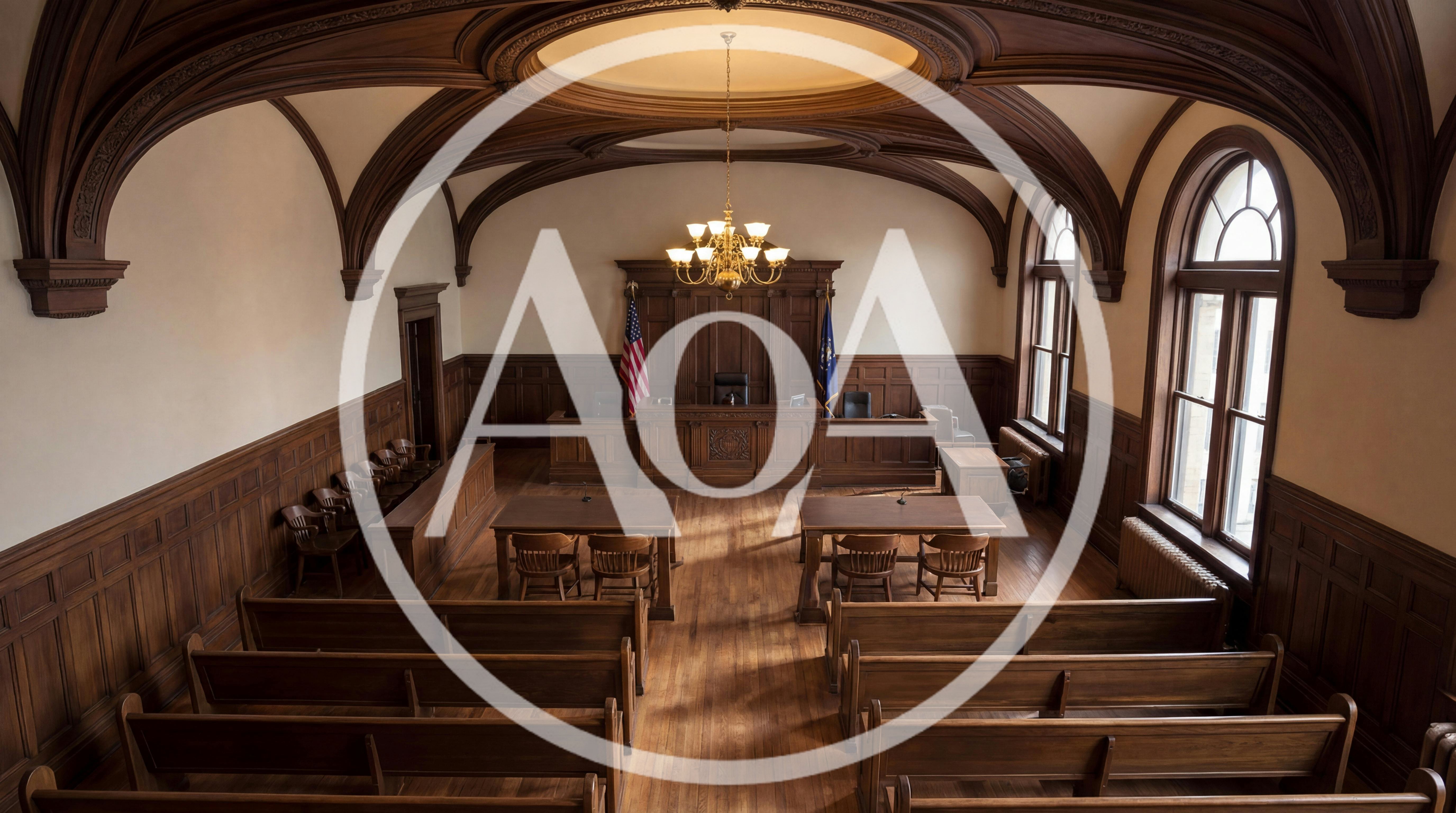 Empty Traditional Courtroom With Wooden Benches And Judge Bench