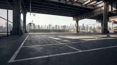 Urban Basketball Court Underneath Elevated Bridge