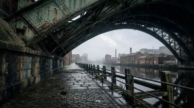 Cobblestone Path Under Industrial Bridge Along River