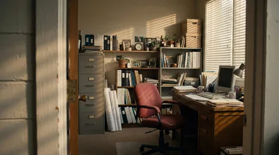 Empty Home Office With Desk And Filing Cabinet