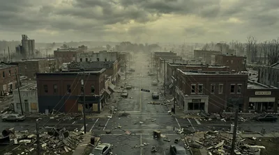 Aerial View Of A Devastated Small Town Main Street
