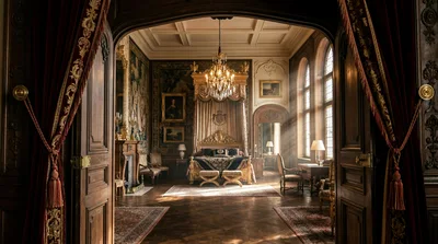 Luxurious Ornate Bedroom Interior In A Historic French Chateau