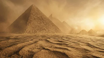 Great Pyramids Of Giza Under A Dusty Desert Sky
