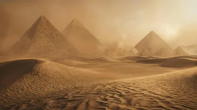 Great Pyramids Of Giza During A Desert Sandstorm