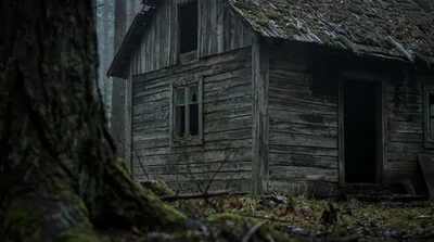 Abandoned Wooden Cabin In A Misty Forest