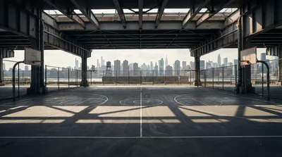 Empty Basketball Court Underneath Industrial Bridge Overpass
