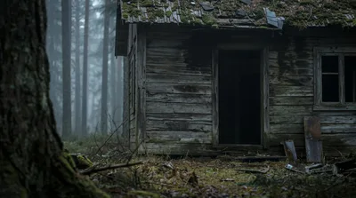 Abandoned Wooden Cabin in a Misty Forest