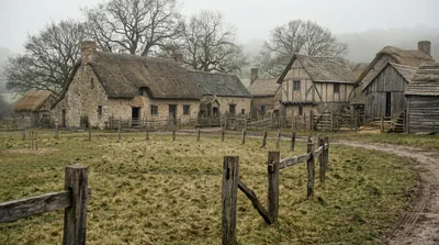 Medieval Village Scene With Thatched Cottages And Wooden Fences