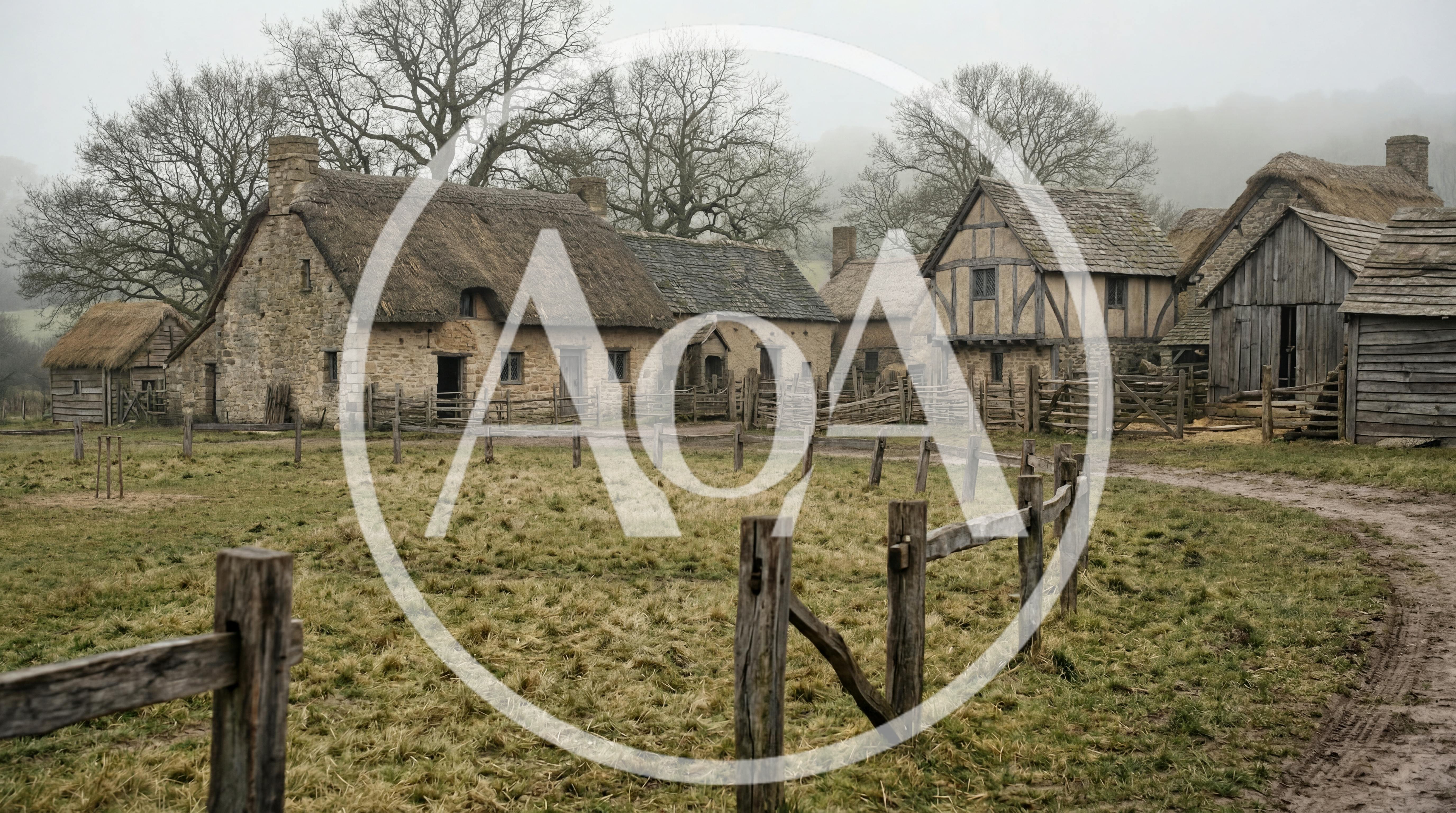Medieval Village Scene With Thatched Cottages And Wooden Fences