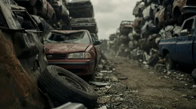 Abandoned Vehicles In A Dilapidated Industrial Junkyard