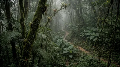 Misty Tropical Rainforest Trail In Costa Rica