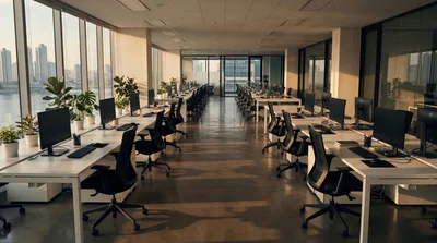 Modern Open Plan Office Interior With Sunset Lighting