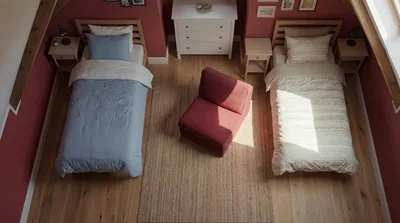 Top Down View Of A Cozy Shared Bedroom
