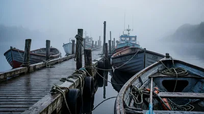 Small Fishing Boats Moored at a Foggy Wooden Pier