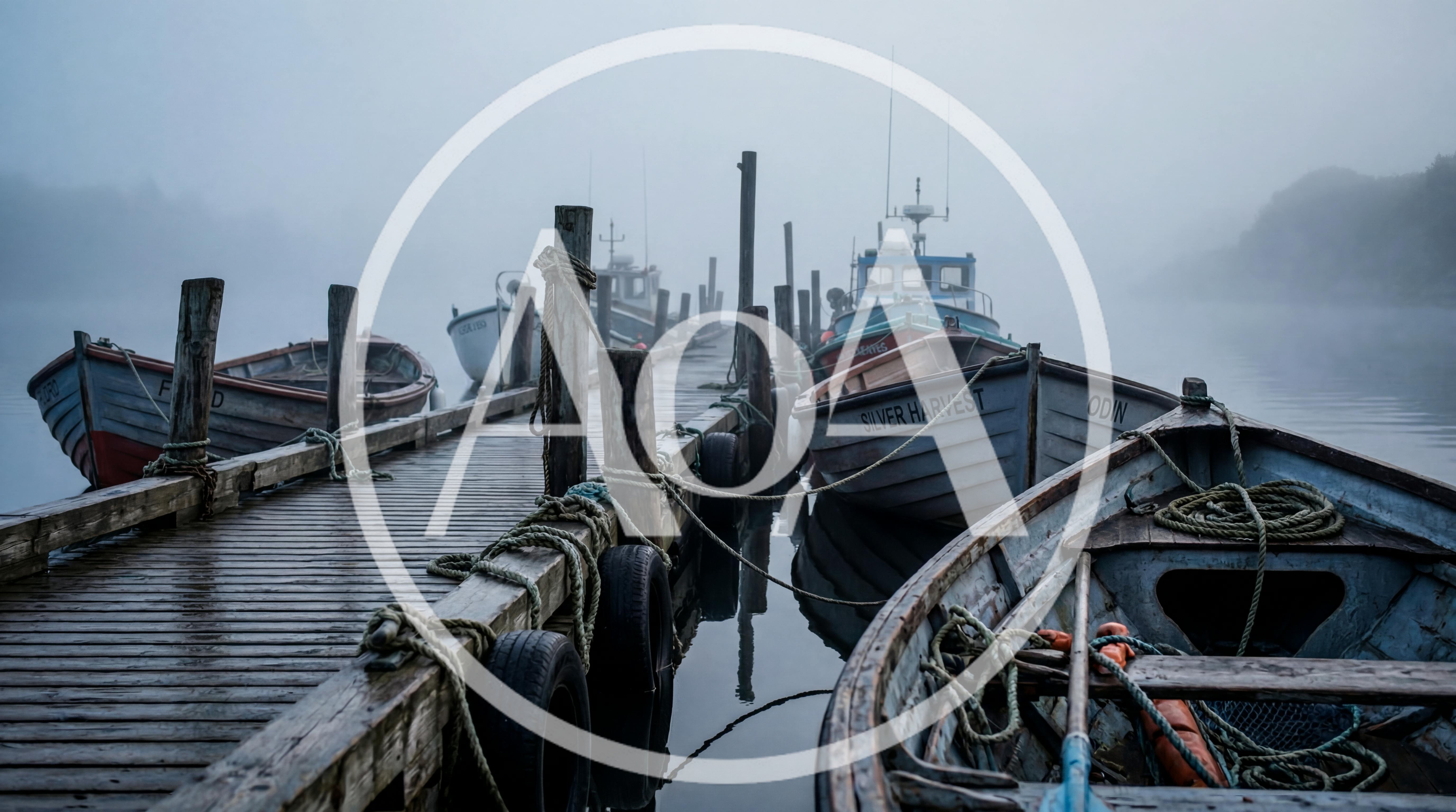 Small Fishing Boats Moored at a Foggy Wooden Pier