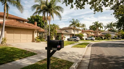 Suburban Residential Street With Palm Trees And Houses