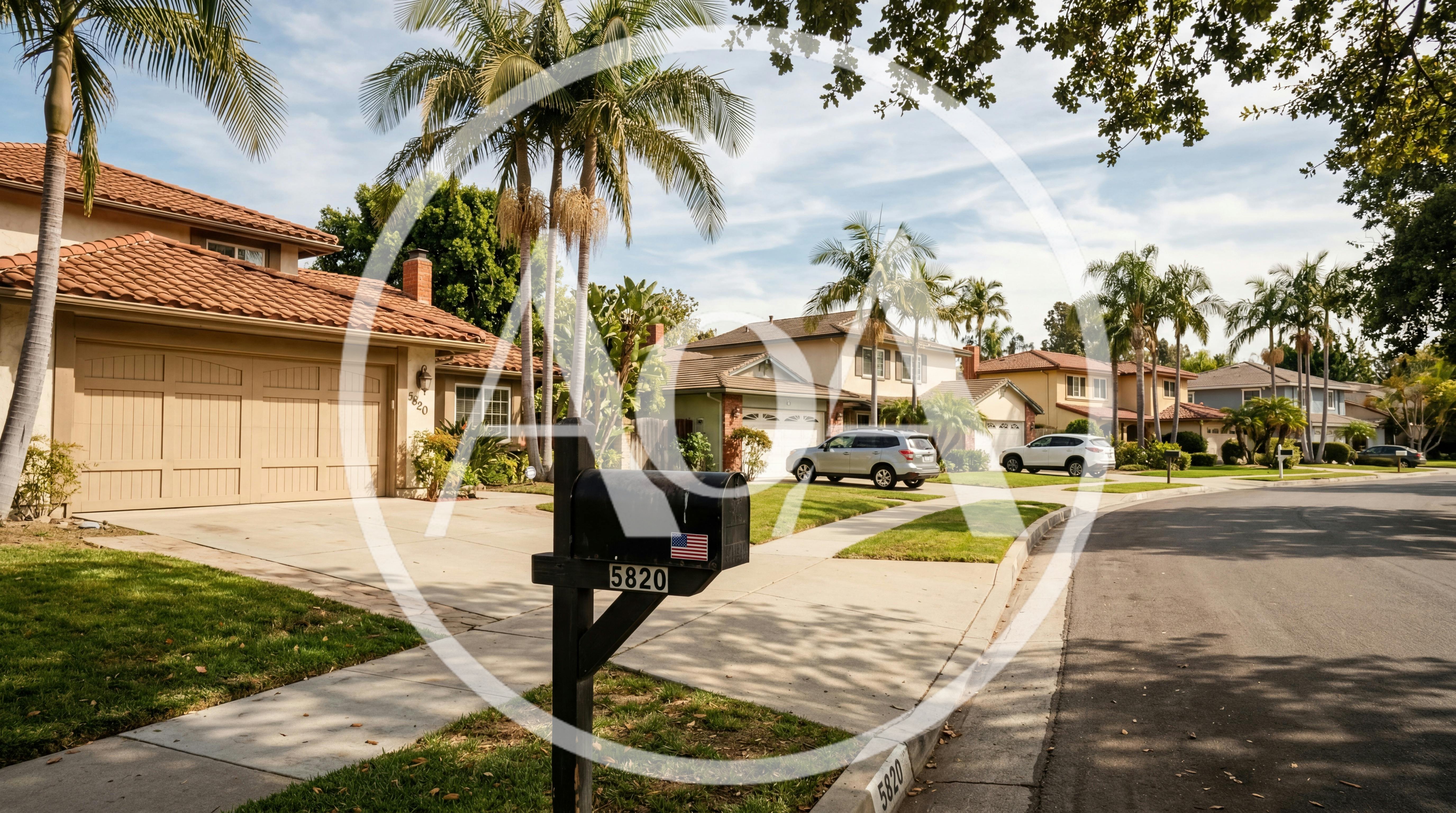 Suburban Residential Street With Palm Trees And Houses