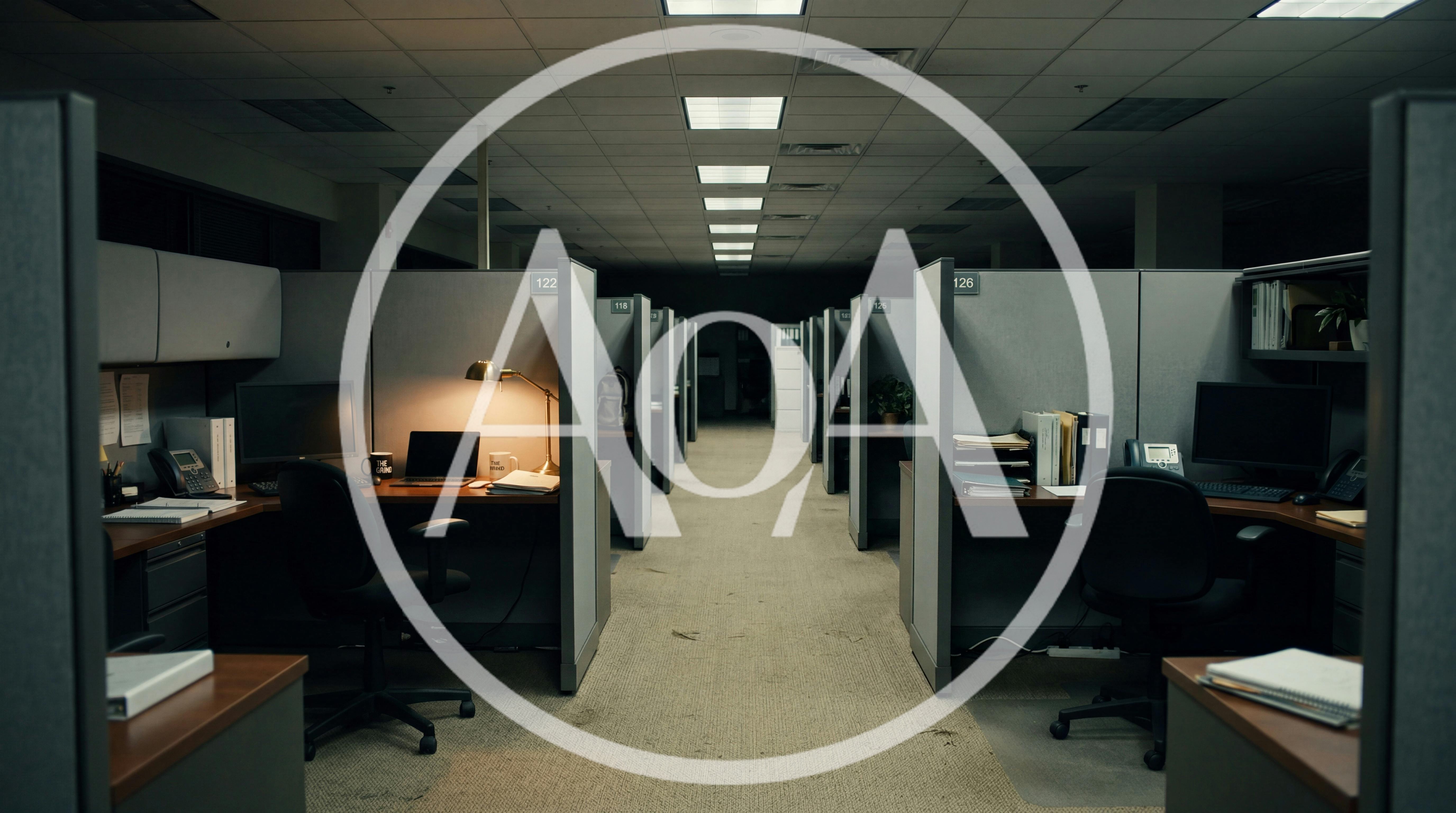 Empty Office Cubicles In A Dimly Lit Corporate Workspace