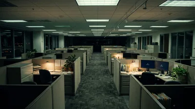Empty Corporate Office Cubicles At Night