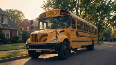 Yellow School Bus Parked On A Quiet Suburban Street