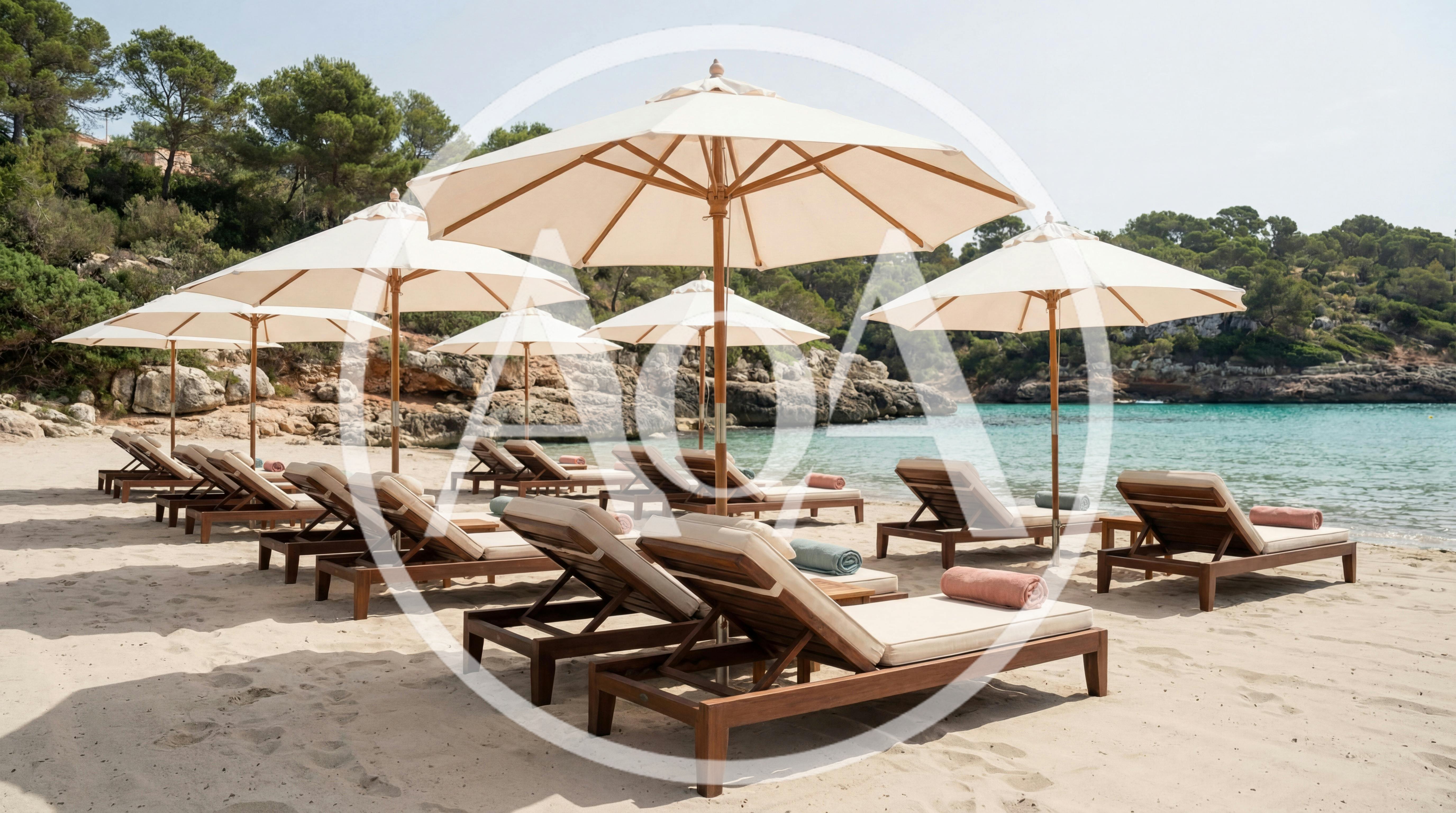 Empty Beach Lounge Chairs Under Umbrellas