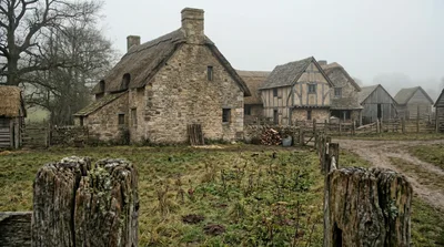 Historic Medieval Village Houses In A Misty Rural Landscape