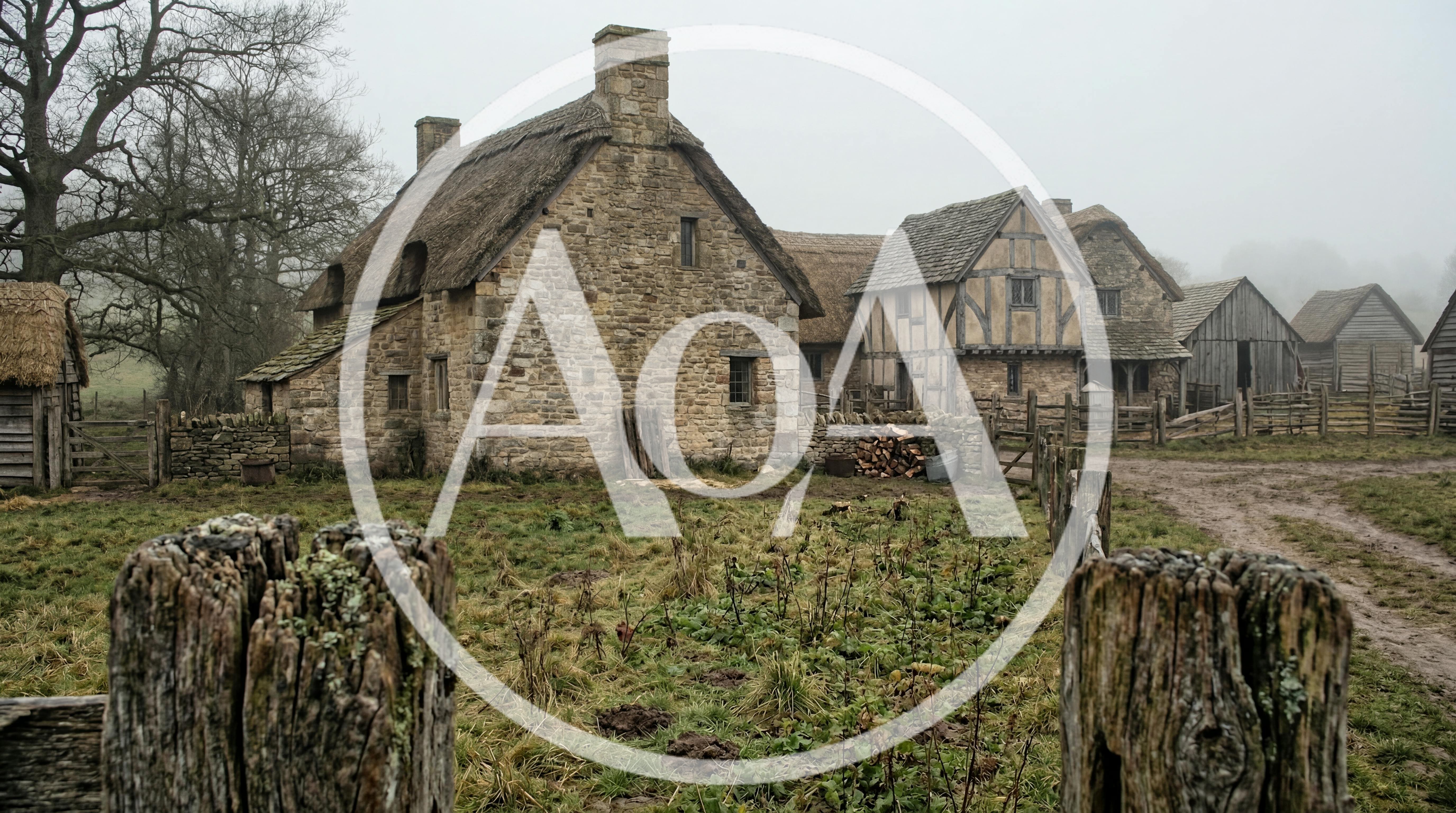 Historic Medieval Village Houses In A Misty Rural Landscape
