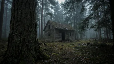 Abandoned Wooden Cabin in a Misty Dark Forest