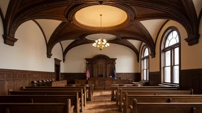 Empty Traditional Courtroom With Wooden Benches And Judge Bench