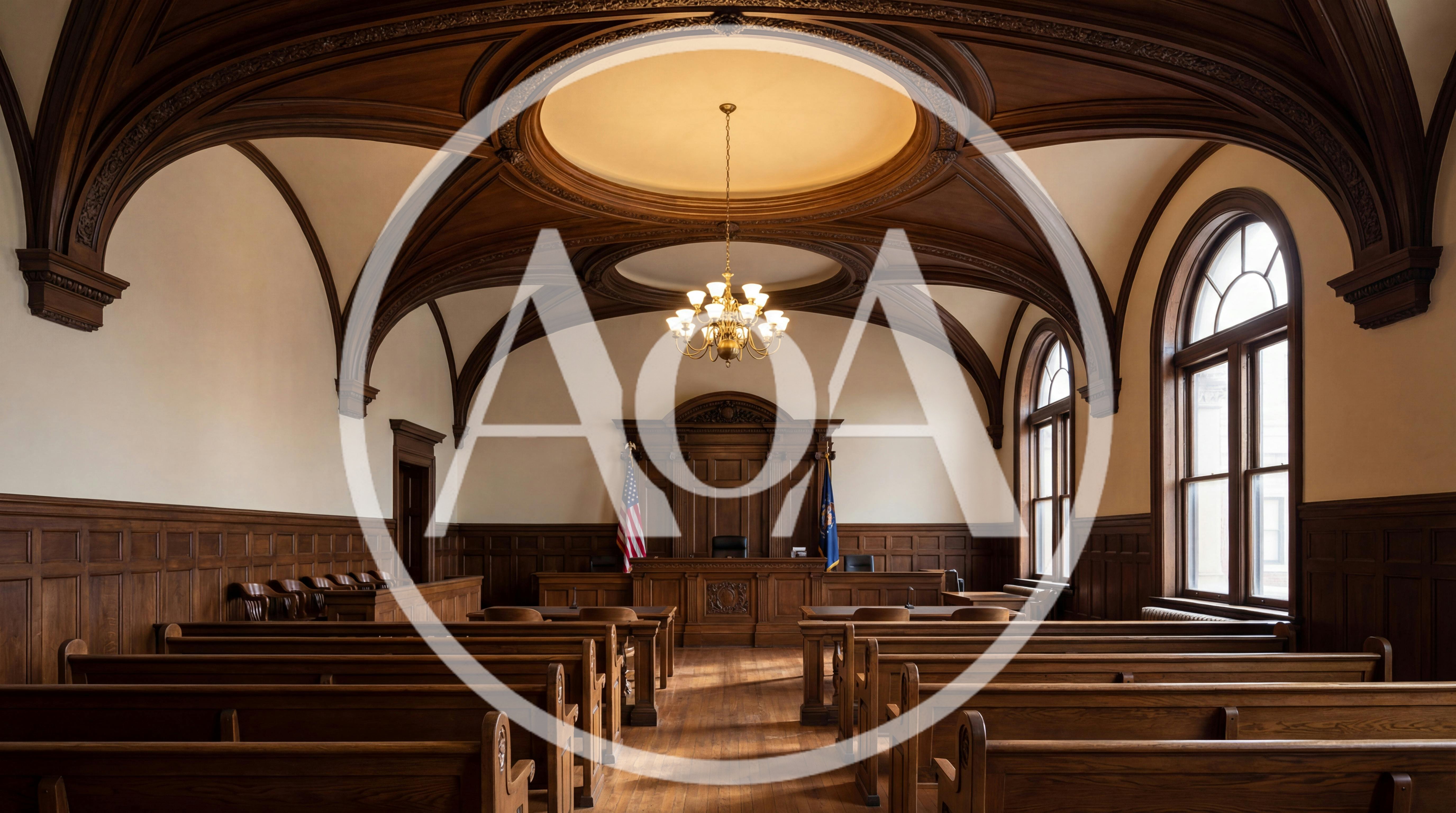 Empty Traditional Courtroom With Wooden Benches And Judge Bench