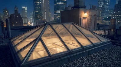 Glass Skylight On A New York City Rooftop At Night