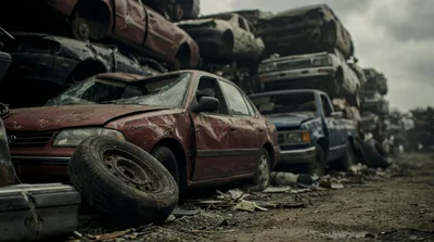 Wrecked Cars Stacked in an Industrial Junkyard