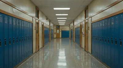 Empty School Hallway With Blue Lockers