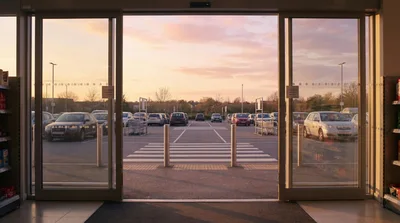 View Through Automatic Doors To A Sunset Parking Lot
