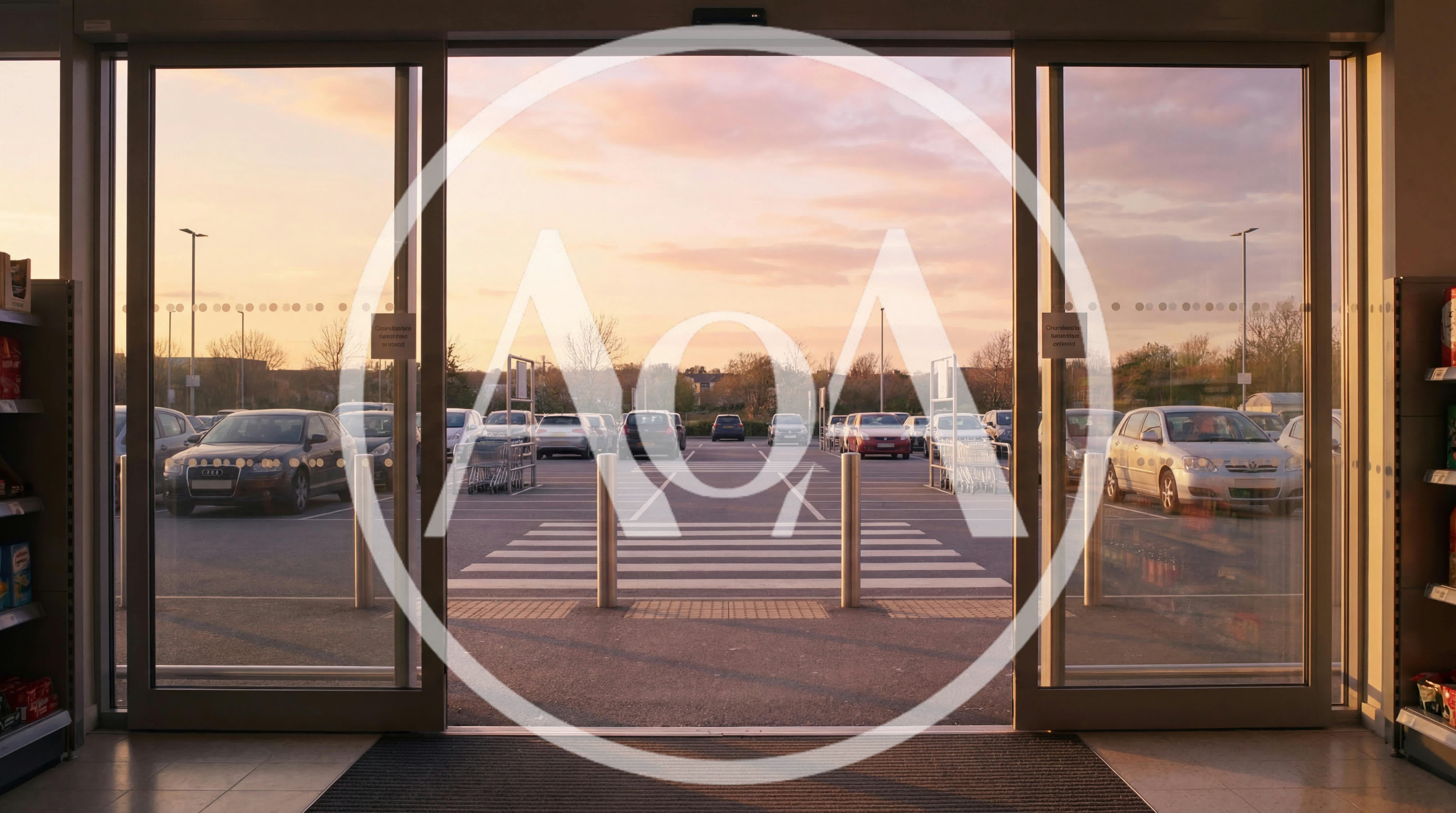 View Through Automatic Doors To A Sunset Parking Lot