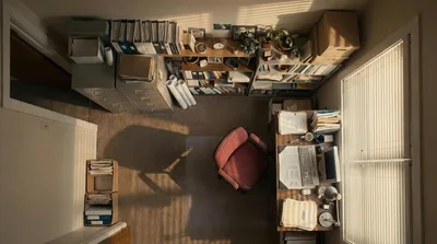 Top Down View Of A Cluttered Home Office