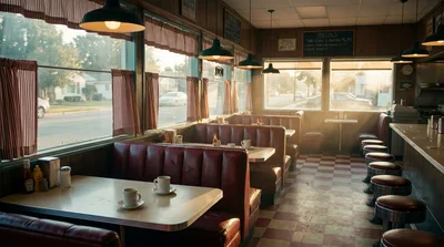 Empty Retro Diner Interior With Red Booths