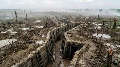 World War I Trench System In Muddy Battlefield