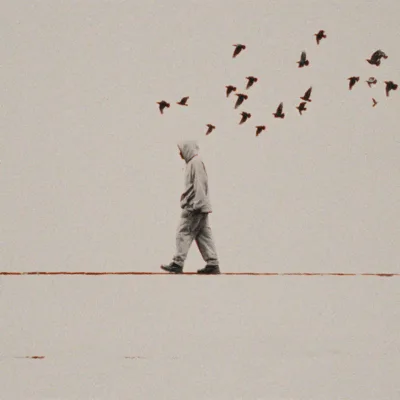 Person Walking On A Tightrope With Flying Birds