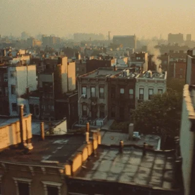 Aerial View Of Brooklyn Brownstone Rooftops At Sunrise